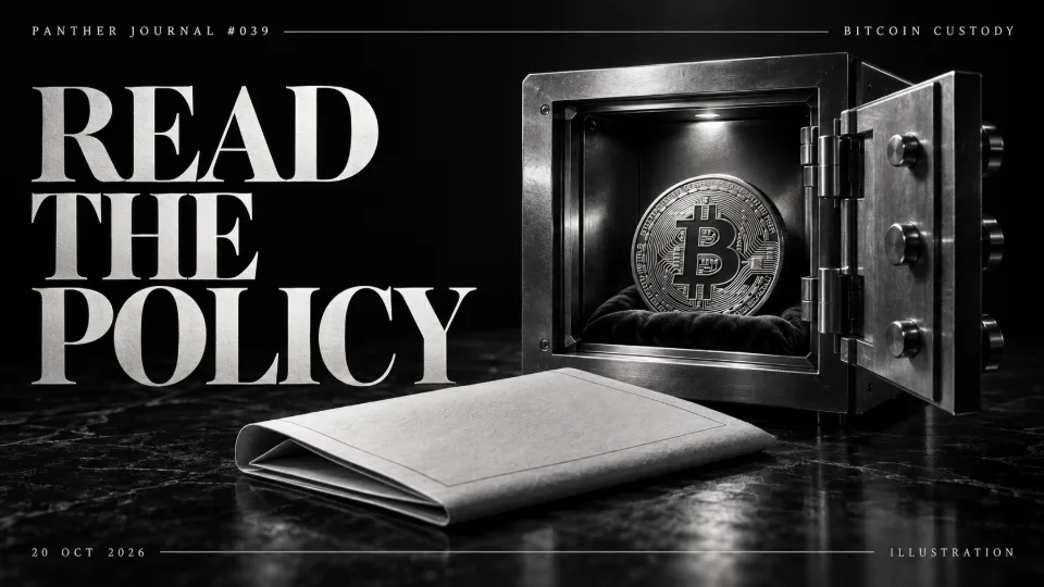 Panther Journal #039 conceptual monochrome illustration: a silver Bitcoin coin inside an open steel vault beside a blank folded policy sheet. READ THE POLICY.