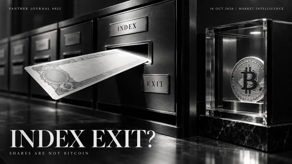 Panther Journal #022 conceptual monochrome illustration: a stock certificate exits an index cabinet while Bitcoin remains in a separate glass vault.