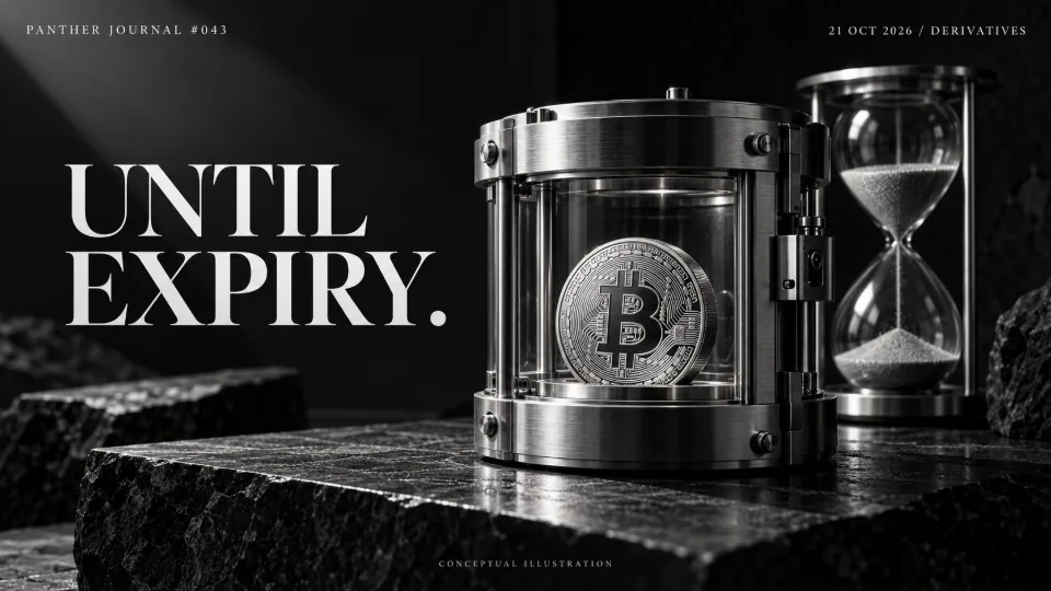 Panther Journal #043 conceptual monochrome illustration: a silver Bitcoin coin in a time-release chamber beside an hourglass. UNTIL EXPIRY.