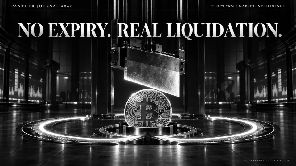 Panther Journal #047 conceptual monochrome illustration: a Bitcoin coin on an infinity track beneath a descending liquidation blade. NO EXPIRY. REAL LIQUIDATION.