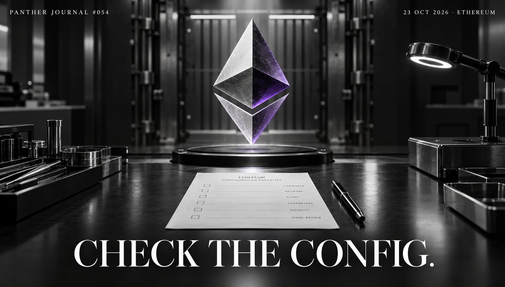 PANTHER JOURNAL #054: conceptual illustration of a purple-accented Ethereum diamond over a configuration checklist at a closed testing gate. Text: CHECK THE CONFIG.