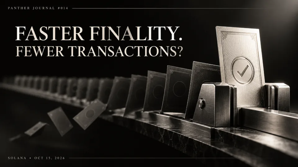 Panther Journal #014 conceptual monochrome illustration: vote slips leave a queue as a silver certificate locks into place, representing Solana Alpenglow consensus changes.