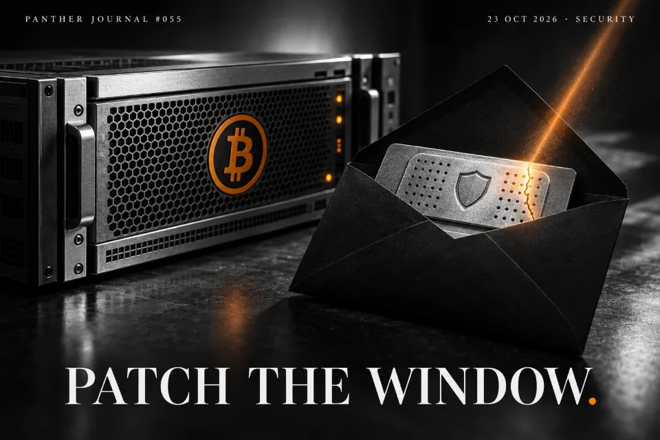 PANTHER JOURNAL #055: conceptual illustration of a Bitcoin-orange emblem on a silver server beside an opened envelope and security patch. PATCH THE WINDOW.