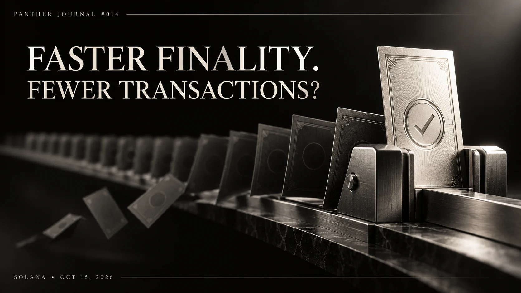 Panther Journal #014 conceptual monochrome illustration: vote slips leave a queue as a silver certificate locks into place, representing Solana Alpenglow consensus changes.