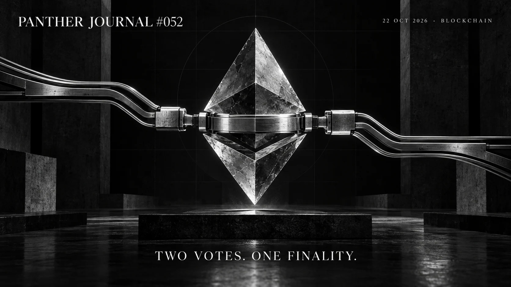 Panther Journal #052 conceptual monochrome illustration: two voting rails converge on a sealed Ethereum-inspired block. TWO VOTES. ONE FINALITY.