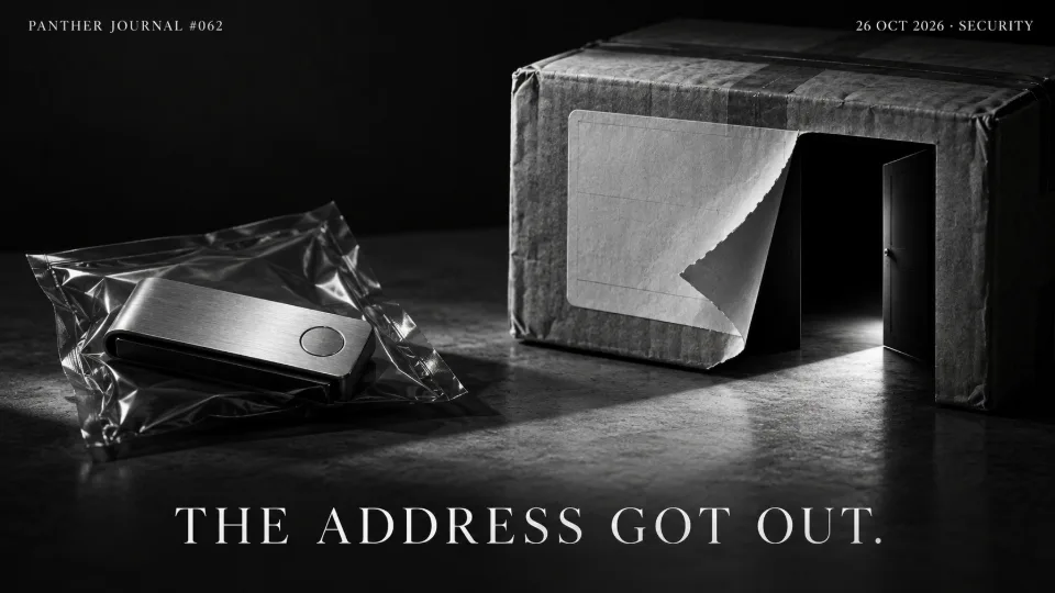 PANTHER JOURNAL #062: conceptual illustration of a sealed hardware wallet beside a parcel with a peeling address label and open doorway. THE ADDRESS GOT OUT.