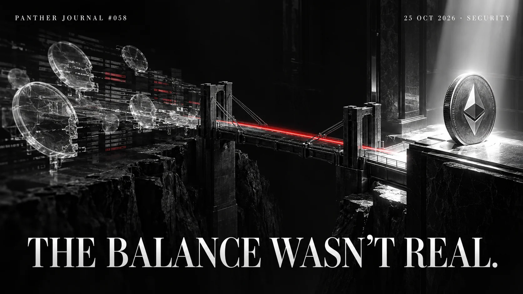 PANTHER JOURNAL #058: conceptual illustration of ghost balances crossing a red-lit bridge into a silver Ethereum coin. THE BALANCE WASN’T REAL.