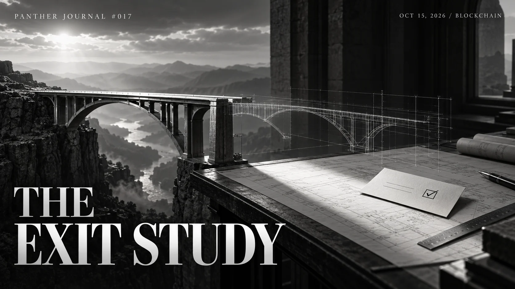 Panther Journal #017 conceptual monochrome illustration: a bridge continues as a blueprint over a drafting table beside a ballot.