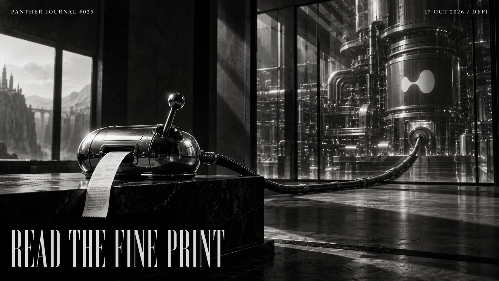 Panther Journal #025 conceptual monochrome illustration: a capsule-shaped lever console prints a fee receipt and connects by cable to a separate exchange machine behind glass.