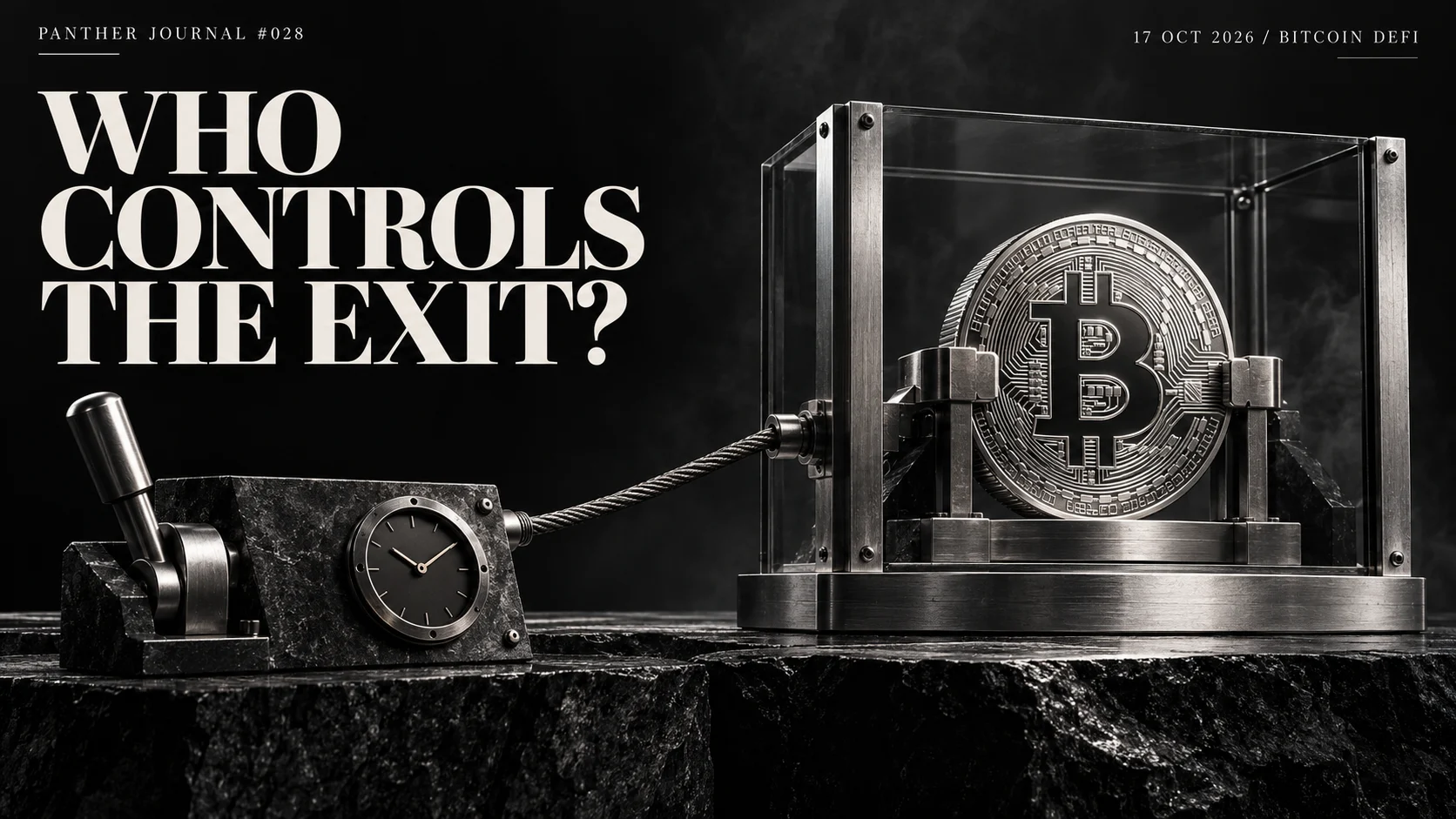 Panther Journal #028 conceptual monochrome illustration: a Bitcoin coin held in an anchored glass vault is connected to a separate release lever and clock. WHO CONTROLS THE EXIT?