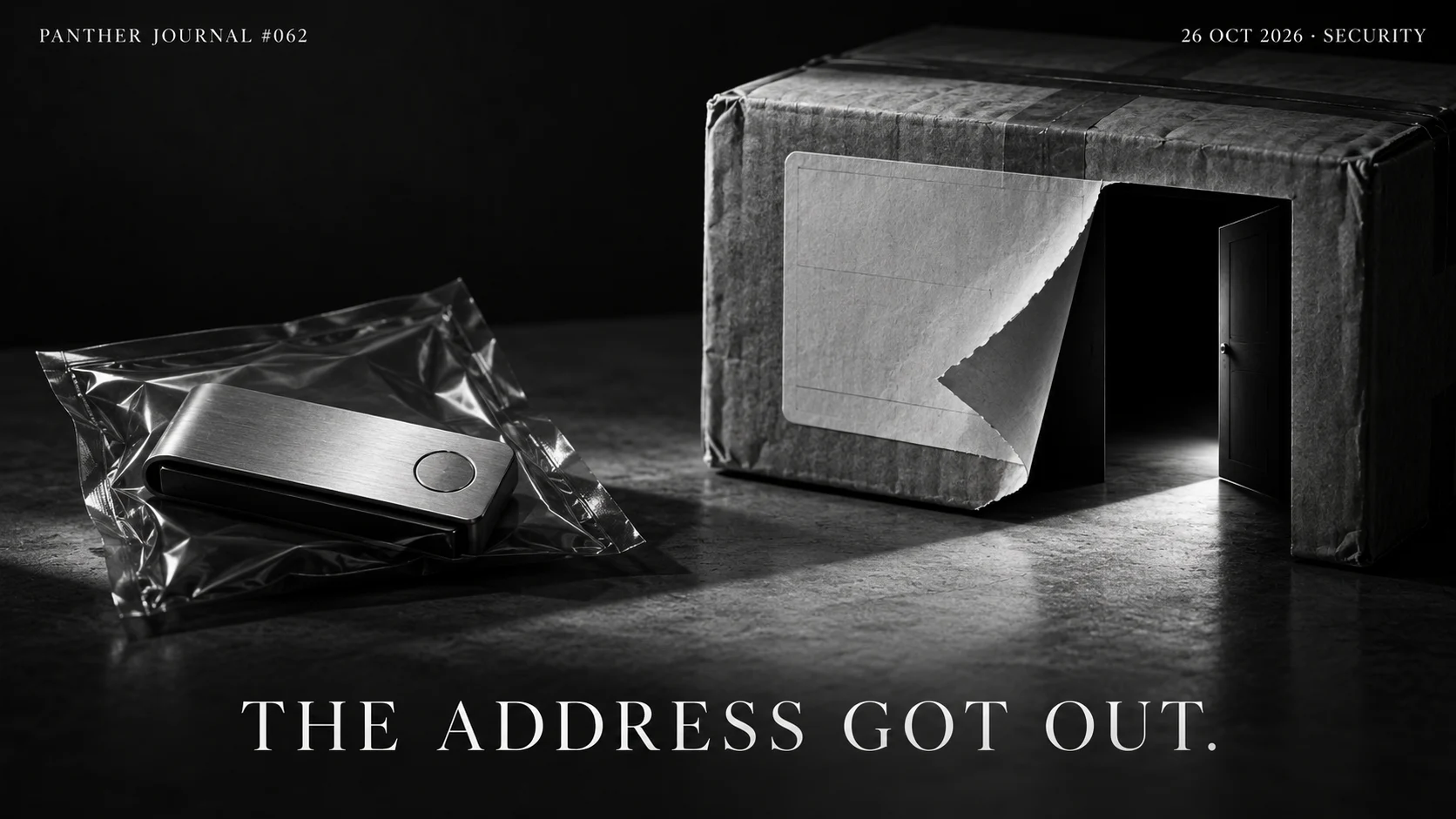 PANTHER JOURNAL #062: conceptual illustration of a sealed hardware wallet beside a parcel with a peeling address label and open doorway. THE ADDRESS GOT OUT.
