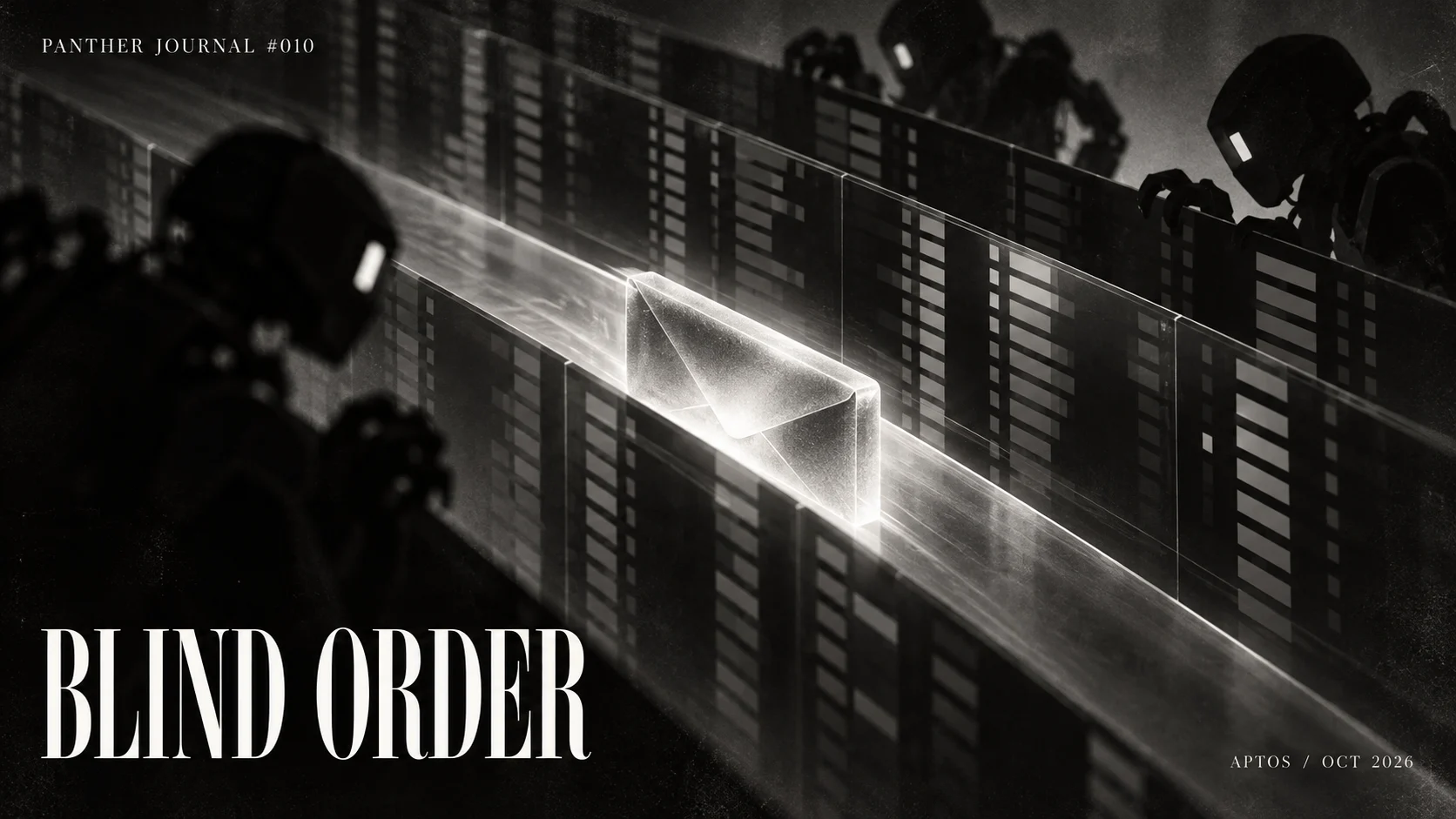 PANTHER JOURNAL #010 conceptual monochrome cover: a sealed transaction passes unseen through shadowed trading bots; text reads BLIND ORDER.