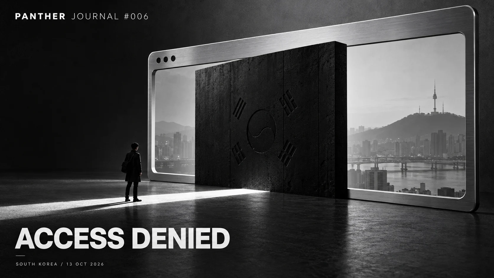 PANTHER JOURNAL #006: conceptual monochrome illustration of a barrier across a browser window overlooking Seoul, titled ACCESS DENIED.