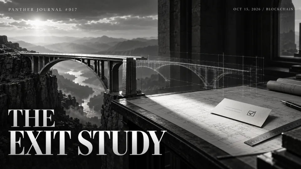 Panther Journal #017 conceptual monochrome illustration: a bridge continues as a blueprint over a drafting table beside a ballot.