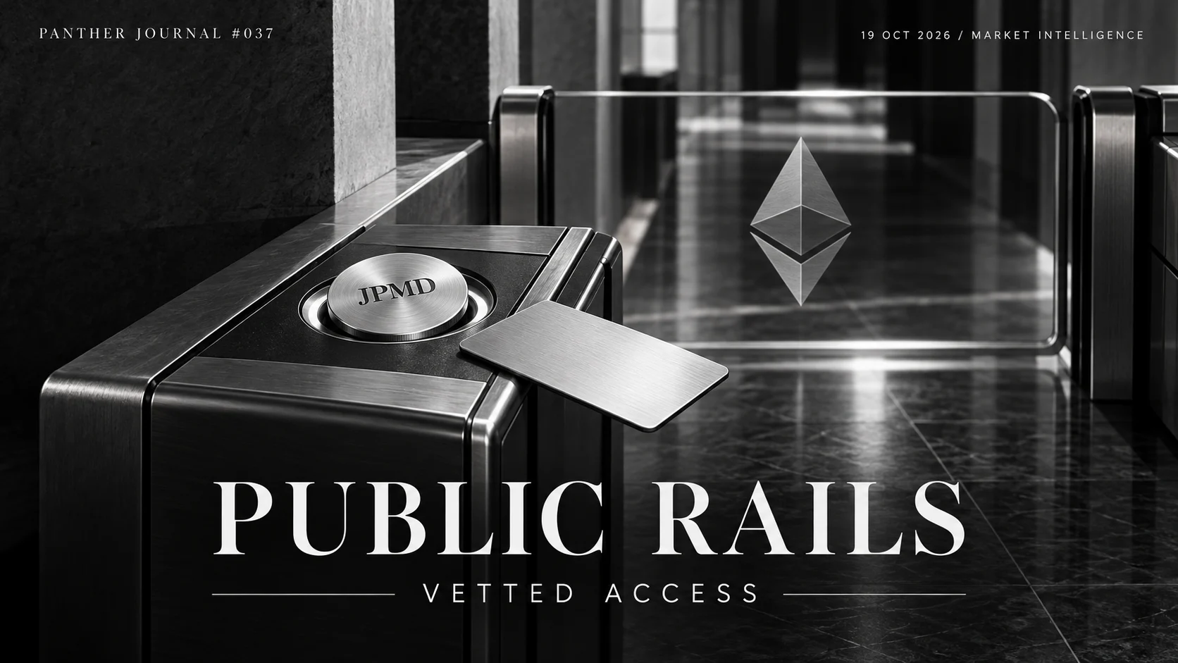 Panther Journal #037 conceptual monochrome illustration: a JPMD disc and access card sit at a glass gate etched with Ethereum’s symbol. PUBLIC RAILS, VETTED ACCESS.