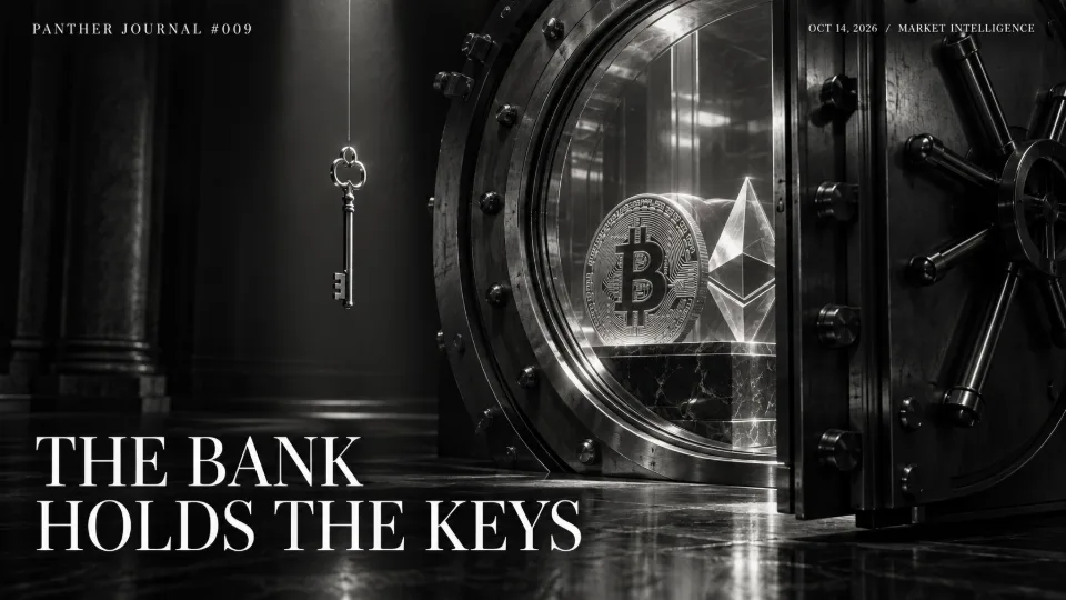 PANTHER JOURNAL #009 conceptual monochrome illustration: Bitcoin and Ether behind a bank vault door, with a key outside; headline reads THE BANK HOLDS THE KEYS.