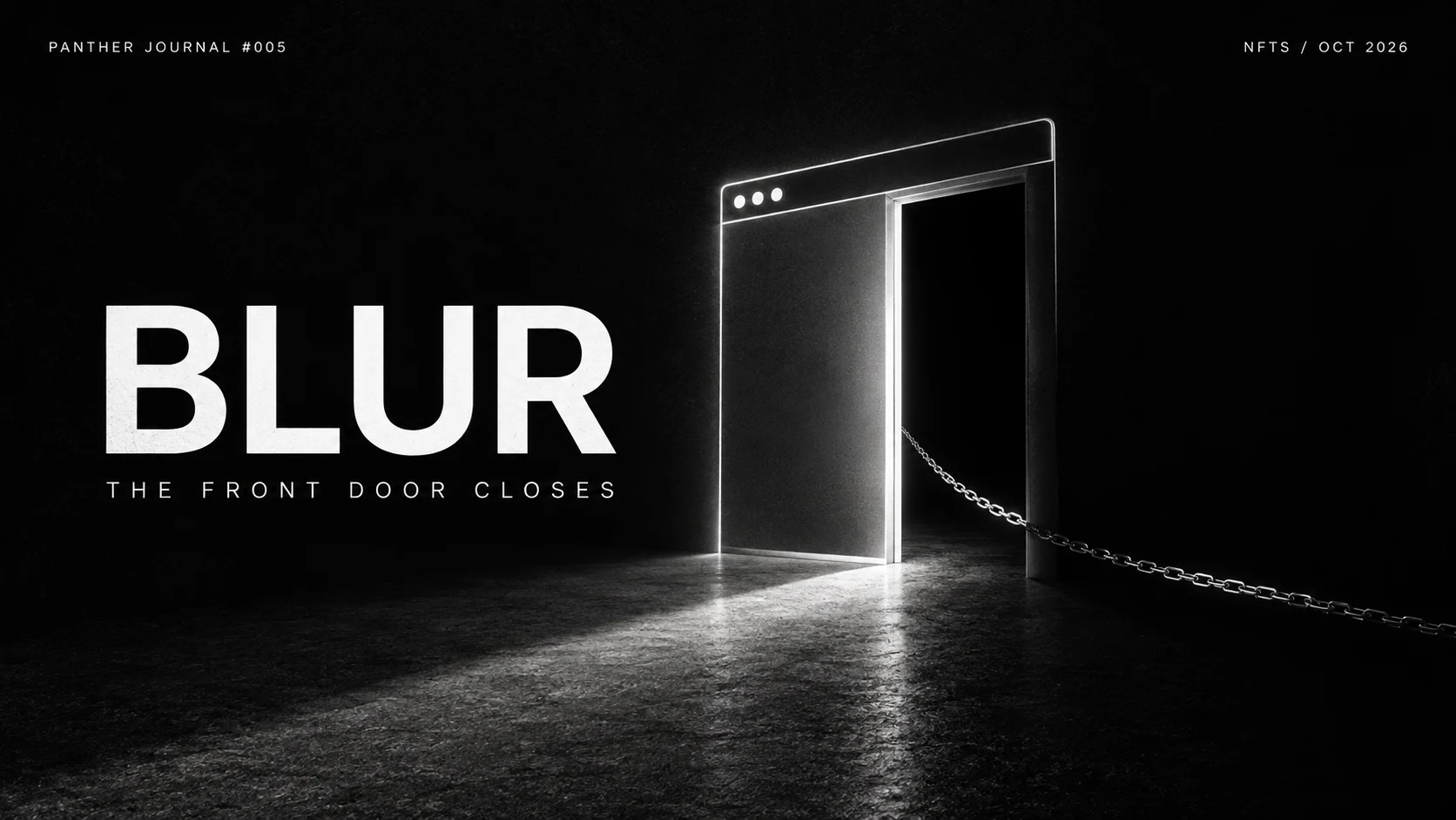 Conceptual monochrome illustration for PANTHER JOURNAL #005: Blur’s web interface closes while an on-chain line continues; not a screenshot.