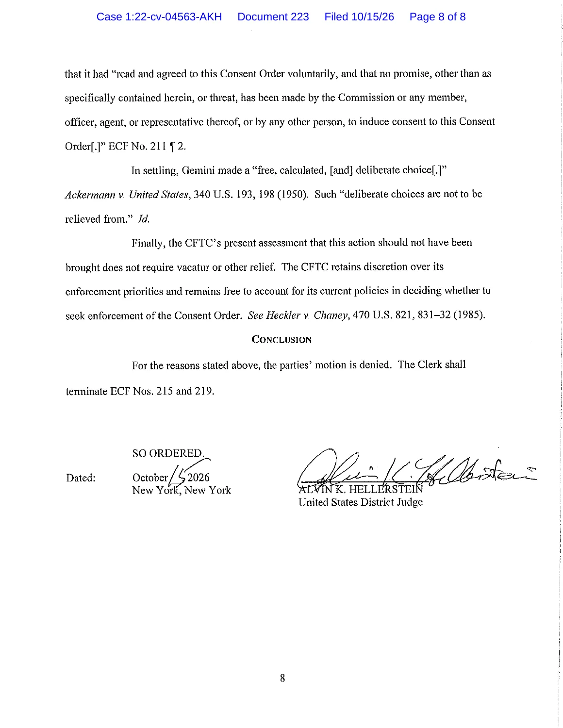 Page 8 of the October 15, 2026 Gemini court order, showing the signed conclusion denying the parties’ motion.