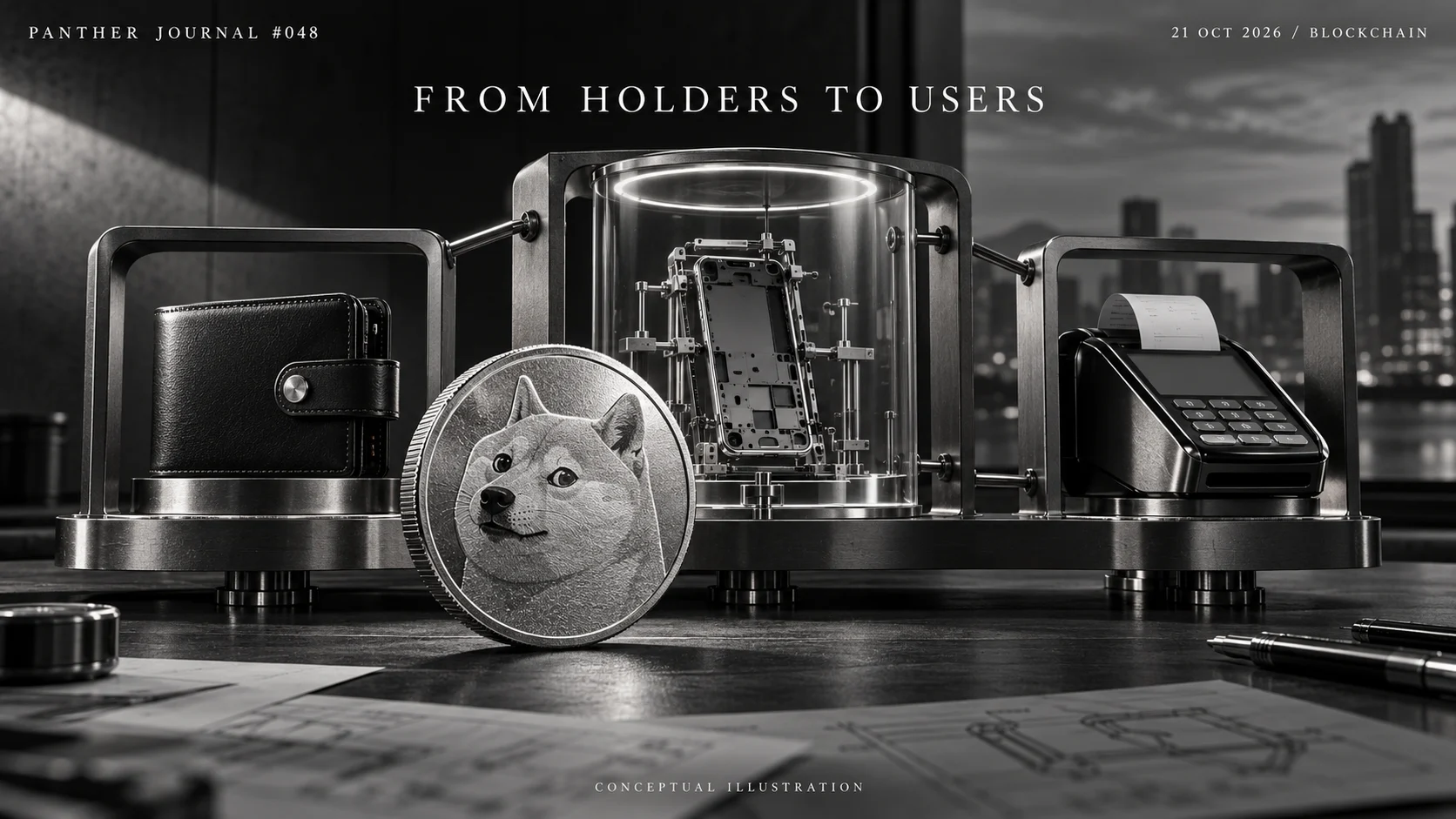 Panther Journal #048 conceptual monochrome illustration: a Dogecoin coin before a wallet, an unfinished application test rig and a merchant payment terminal. FROM HOLDERS TO USERS.