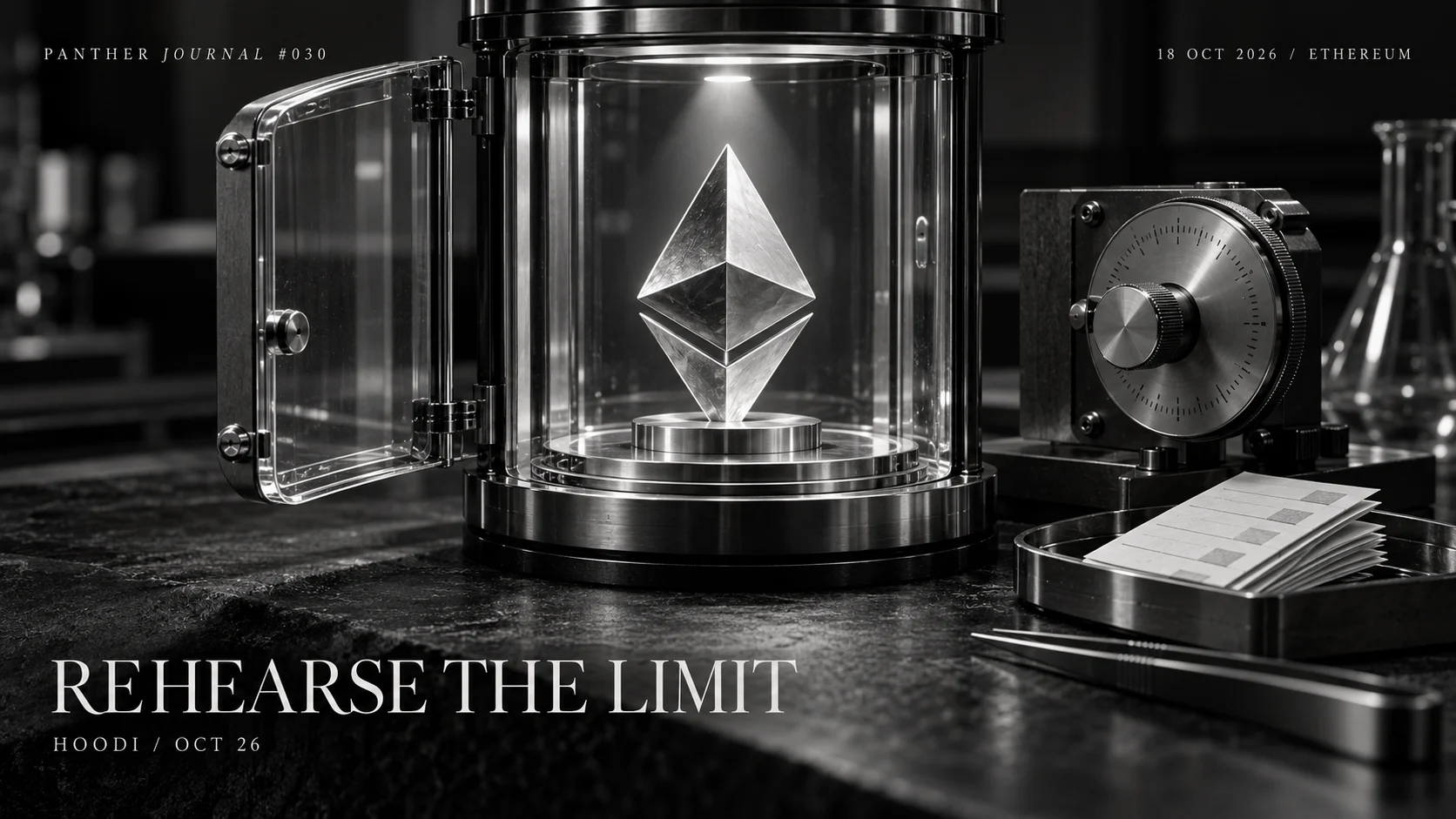 Panther Journal #030 conceptual monochrome illustration: an Ethereum diamond inside a glass test chamber beside a mechanical dial and paper test strips. REHEARSE THE LIMIT.
