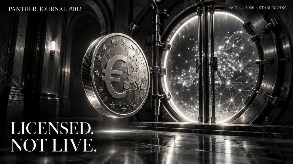 Conceptual monochrome illustration of a euro coin before a closed vault gateway, representing Qivalis licensed issuer status before its token launch. Panther Journal #012.