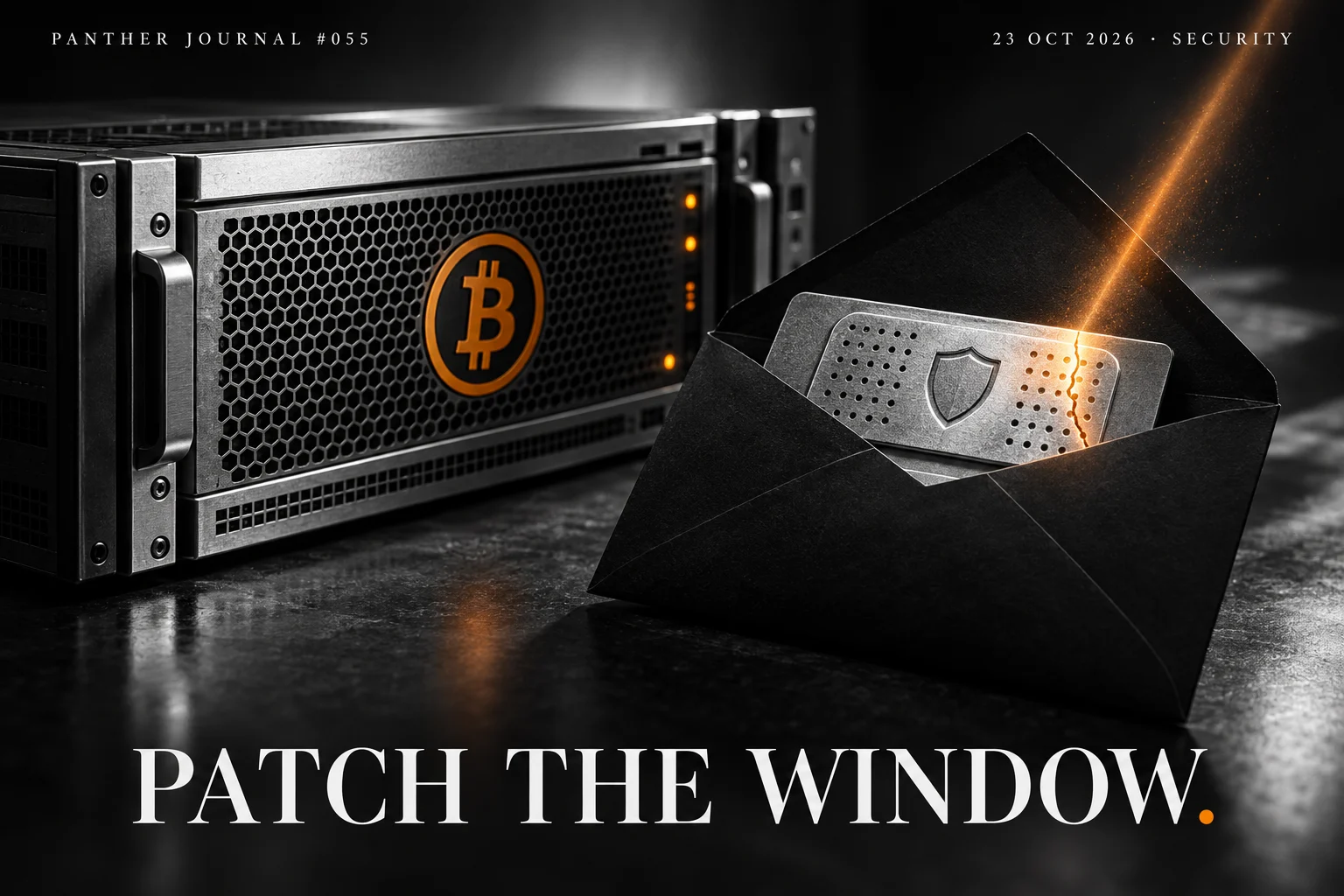 PANTHER JOURNAL #055: conceptual illustration of a Bitcoin-orange emblem on a silver server beside an opened envelope and security patch. PATCH THE WINDOW.