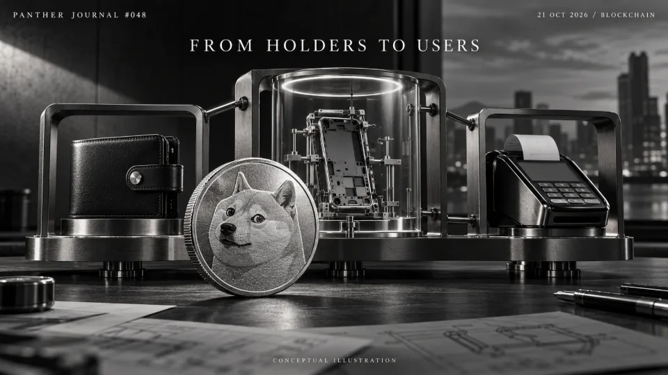 Panther Journal #048 conceptual monochrome illustration: a Dogecoin coin before a wallet, an unfinished application test rig and a merchant payment terminal. FROM HOLDERS TO USERS.