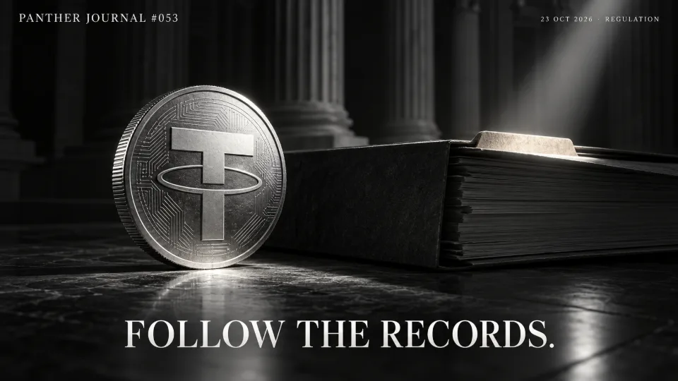 Panther Journal #053 conceptual monochrome illustration: a Tether-inspired stablecoin disc beside an archival folder. FOLLOW THE RECORDS.