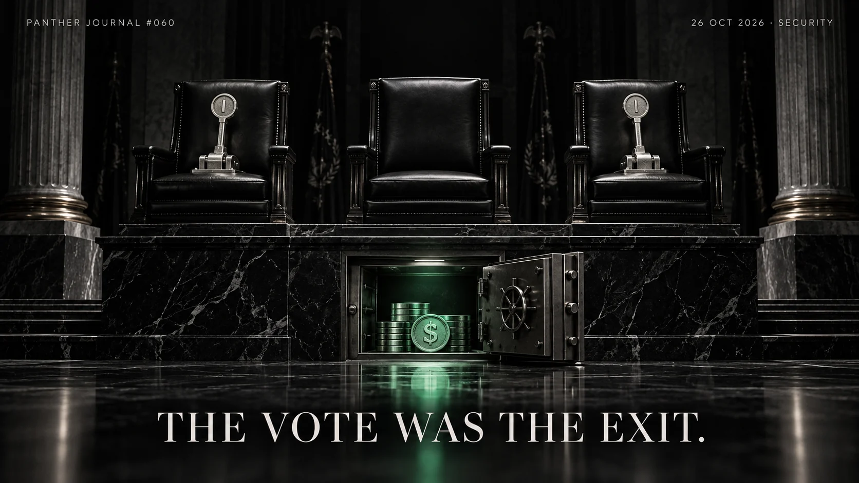 PANTHER JOURNAL #060: conceptual illustration of three Senate seats, two silver voting keys and an open vault with restrained green light. THE VOTE WAS THE EXIT.