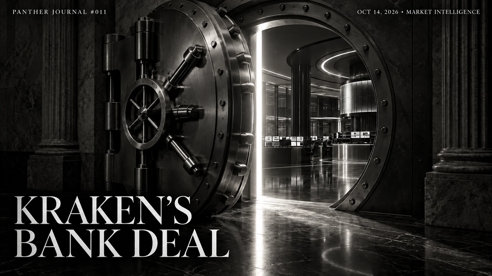 Conceptual monochrome illustration of a bank vault opening toward a digital trading floor, marked PANTHER JOURNAL #011 and Kraken’s Bank Deal.