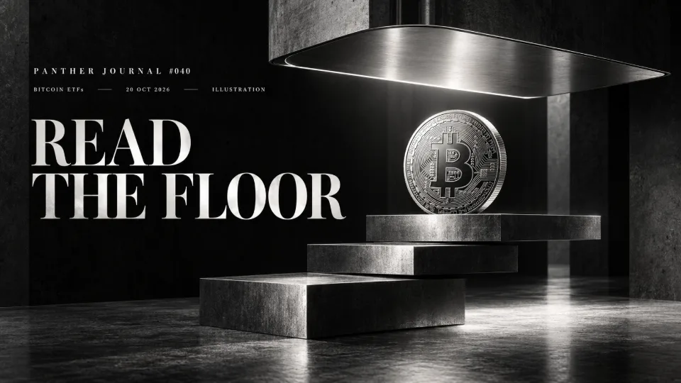 Panther Journal #040 conceptual monochrome illustration: a silver Bitcoin coin rests on three staggered steel shelves beneath an adjustable ceiling. READ THE FLOOR.