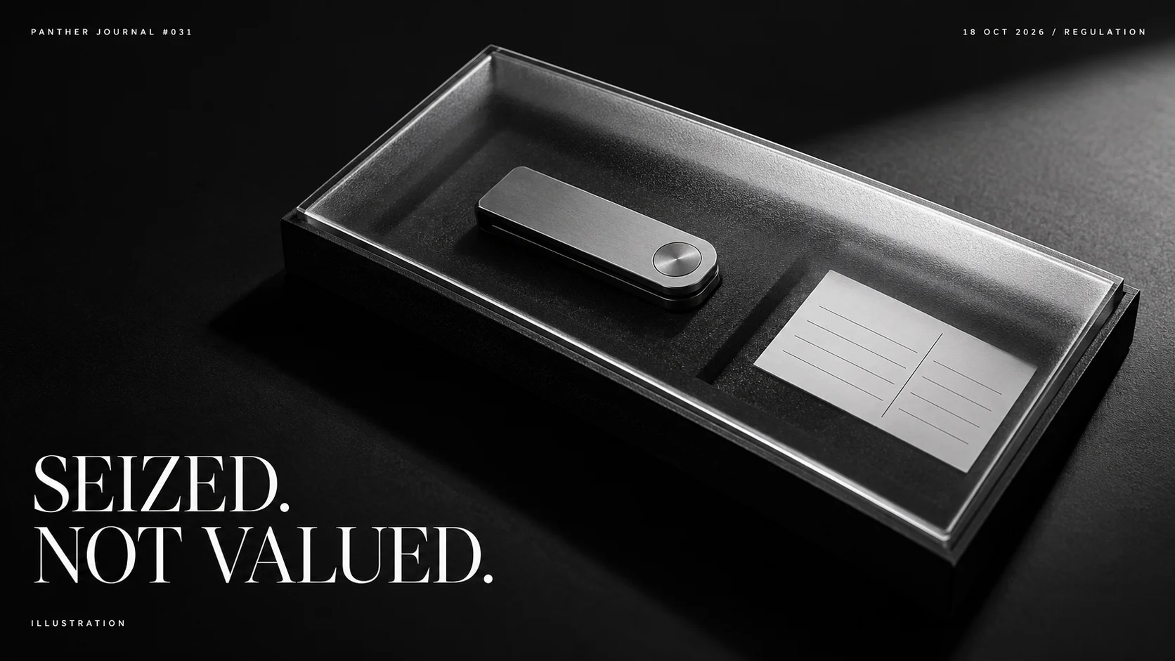 Panther Journal #031 conceptual monochrome illustration: an unbranded wallet device lies in a covered evidence tray beside a blank inventory card. SEIZED. NOT VALUED.