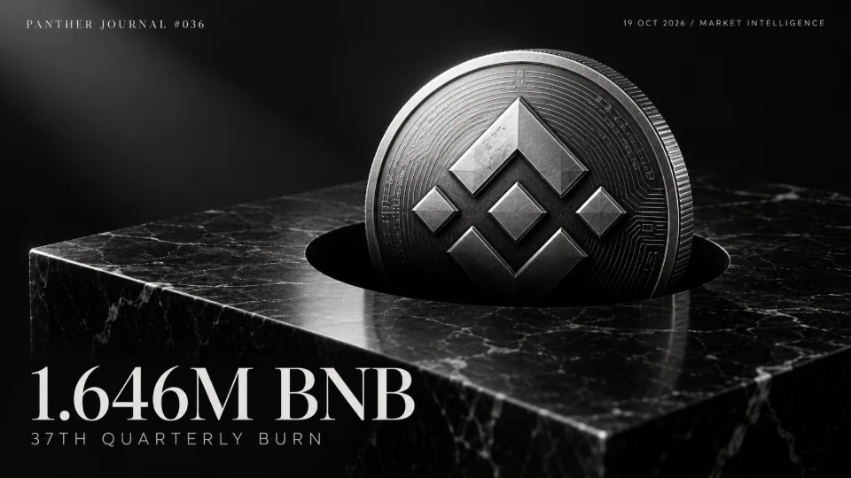 Panther Journal #036 conceptual monochrome illustration for the 37th BNB burn: a silver BNB coin sinks into a black aperture. Label: 1.646M BNB.
