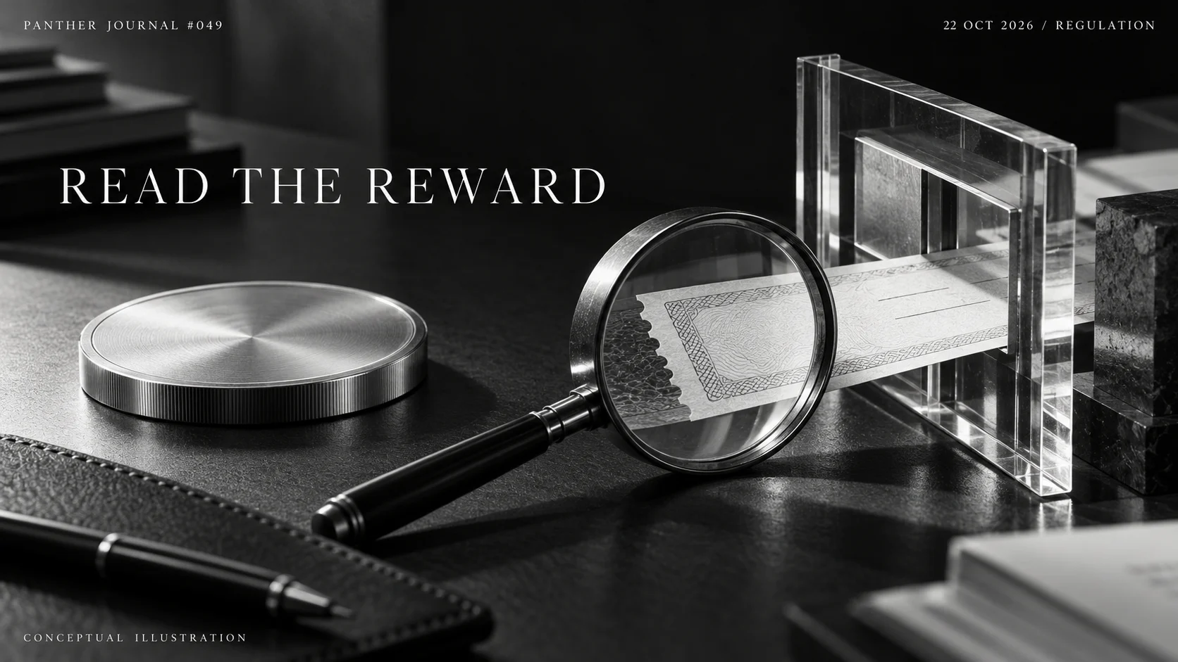 Panther Journal #049 conceptual monochrome illustration: a silver stablecoin disc beside a reward coupon under a magnifying glass and inspection gate. READ THE REWARD.