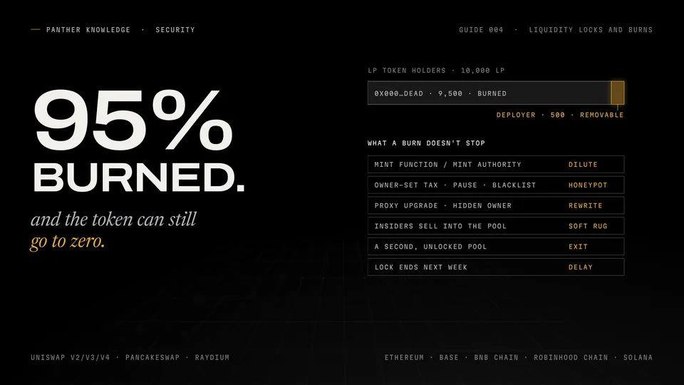 Panther Knowledge cover for guide 004: 95% burned beside LP holders, 9,500 at the dead address and 500 removable by the deployer, and the risks a liquidity burn does not stop.